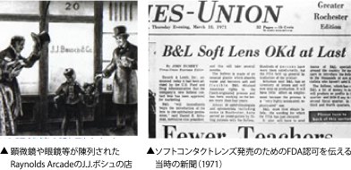 顕微鏡や眼鏡等が陳列されたRaynolds ArcadeのJ.J.ボシュの店／ソフトコンタクトレンズ発売のためのFDA認可を伝える当時の新聞（1971）